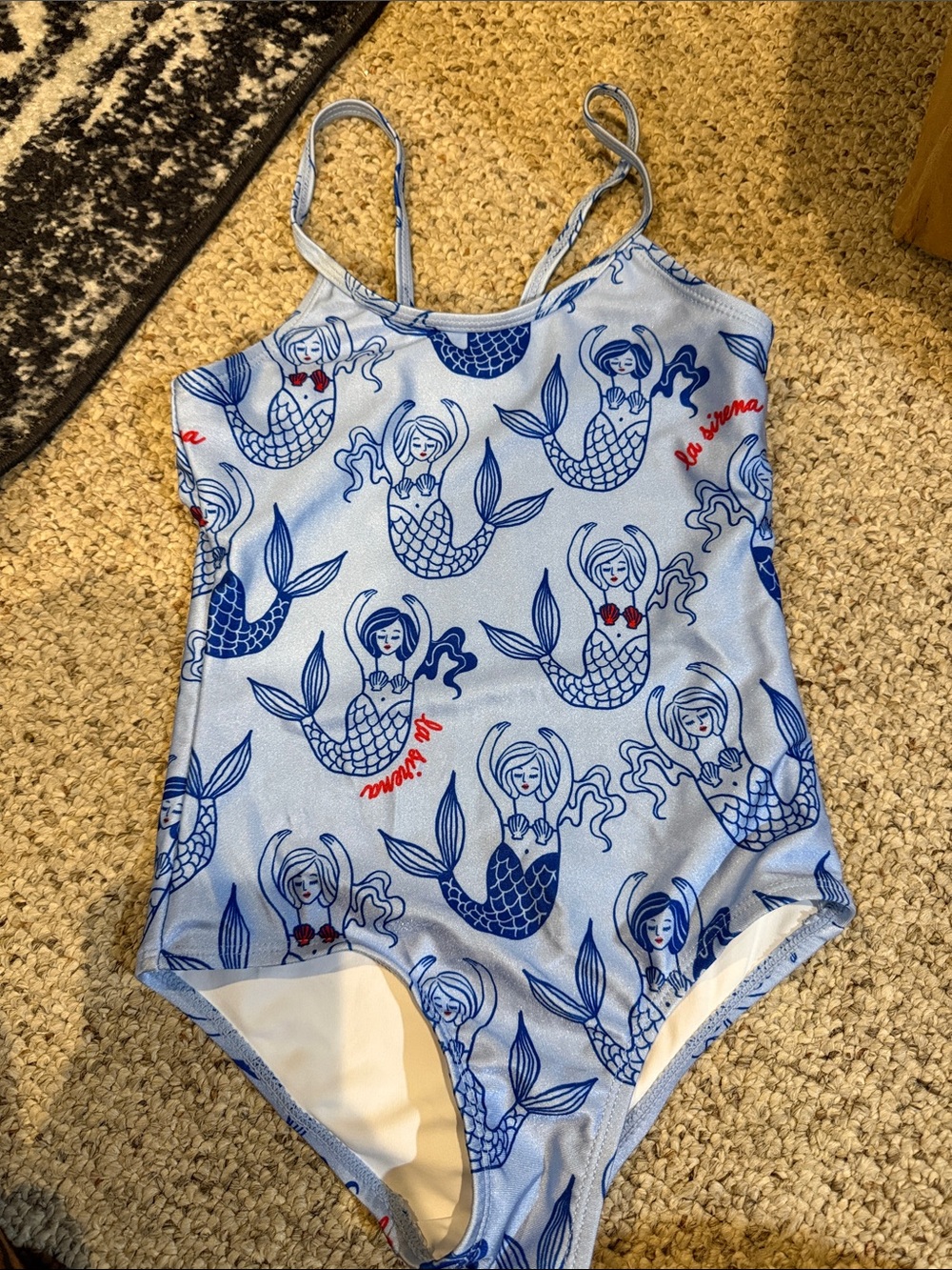 Cotton On Light Blue Mermaid Print One-Piece Swimsuit with Navy and Red Accents